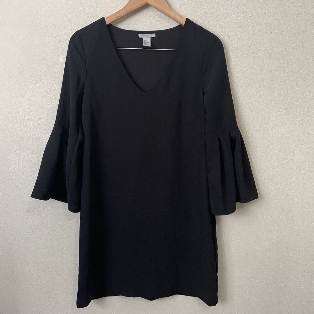 H&M Black Bell Sleeve Dress Womens Size 6 V-Neck Short Shift Mini LBD Whimsygoth